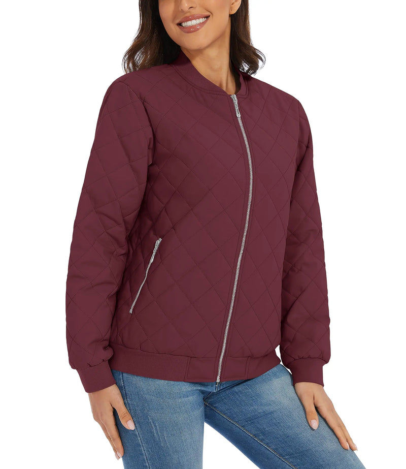 TACVASEN Women Casual Warm Diamond Quilted Jackets Jackets Full Zip Padded Classic Biker Jacket Winter Coats Streetwear Outwear