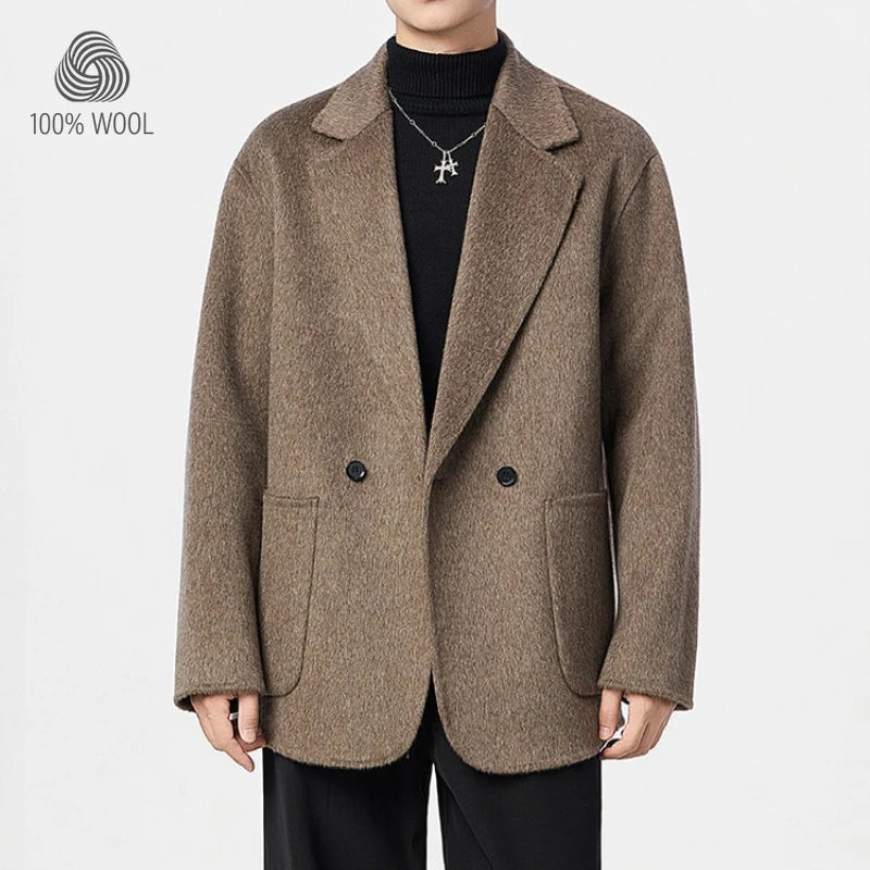 100% Wool Double-Faced Men's Coat, Mid-Length, Loose Fit, Casual Wide Style Woolen Overcoat Plus Size Coat and Jacket