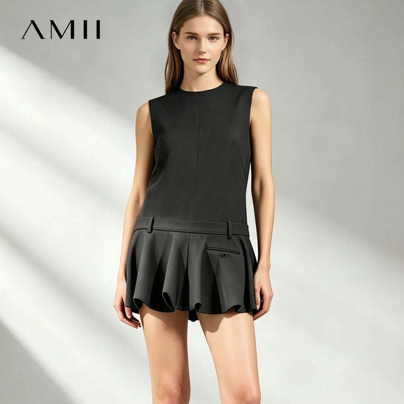 Amii Sleeveless Women's Dress 2026 Autumn New Crew Neck Loose Fit Bubble Hem Mini Dress Casual Low Waist Woman Clothes 12643022