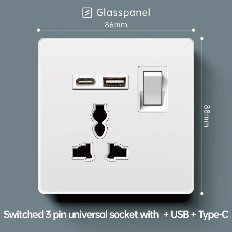 Luxury Skin Feeling Glass Wall Light Switch Button White UK Plug 13A Universal Wall 18W Type-C Fast Charging Socket