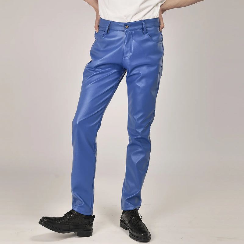 New Fall Collection: Men's Purple PU Pants—Fitted Faux Leather Motorcycle Trousers Available in Black,Blue,Green,Red,Gray,Khaki.