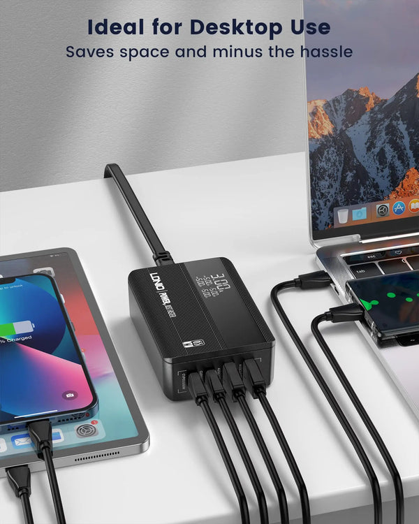 ឆ្នាំងសាក USB C 65W LDNIO ប្លុកឆ្នាំងសាក USB C 4 រន្ធ ជាមួយអេក្រង់ LED អាដាប់ទ័រឆ្នាំងសាកលឿន PPS ពហុរន្ធ ជាមួយ PD QC4.0 សម្រាប់កុំព្យូទ័រយួរដៃ