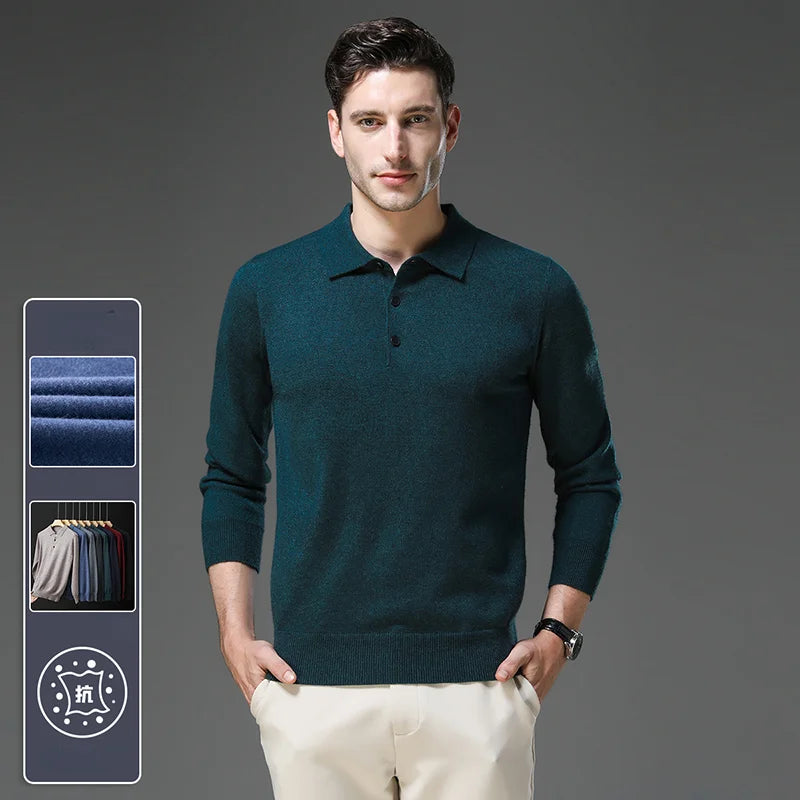 Men's Lapel Solid Color Woolen Sweater, Autumn & Winter New Stretch Top, Daily Leisure Pullover Knitwear, Business POLO
