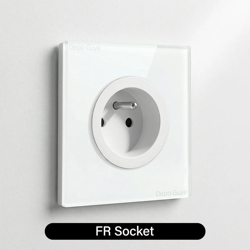 Wall Toggle Light Switch EU FR Standard White Glass Panel European Power Socket With Dual Type-c 20W Fast Charge Port Outlet