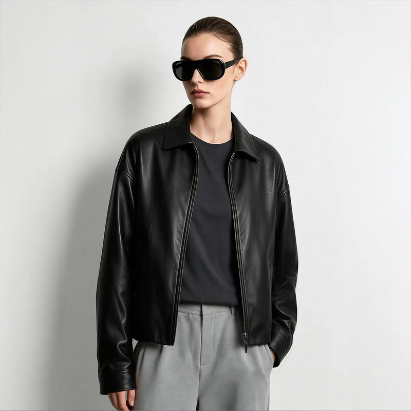 អាវធំ Amii Modern Retro Women Jacket Lapel Zip Drop Shoulder Faux Leather Jackets Oversize រដូវស្លឹកឈើជ្រុះឆ្នាំ 2026 អាវធំនារីទើបមកដល់ថ្មី 12623060