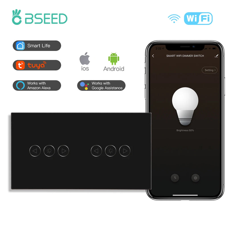 BSEED Wifi Dimmer Switch Double Led Dimmerable Smart Touch Dimmer Switch Work With Tuya Alexa Smart Life Tempered Crystal Glass