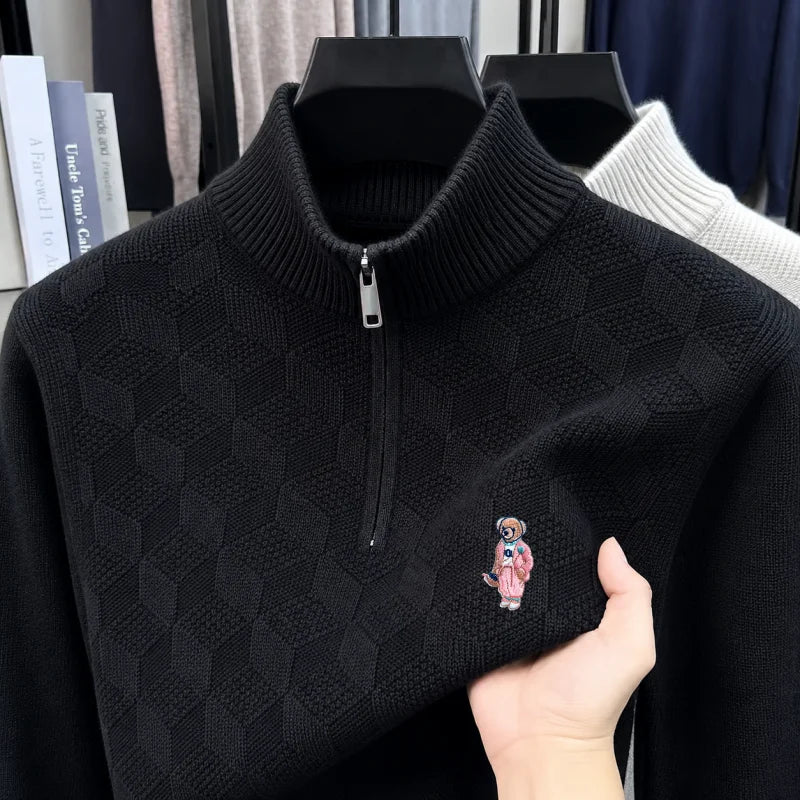 Man Snug Long-Sleeved Knitwear Mock Neck Zipper Bear Embroidery Diamond Pattern Autumn Winter New Pullover Leisure Men's Sweater
