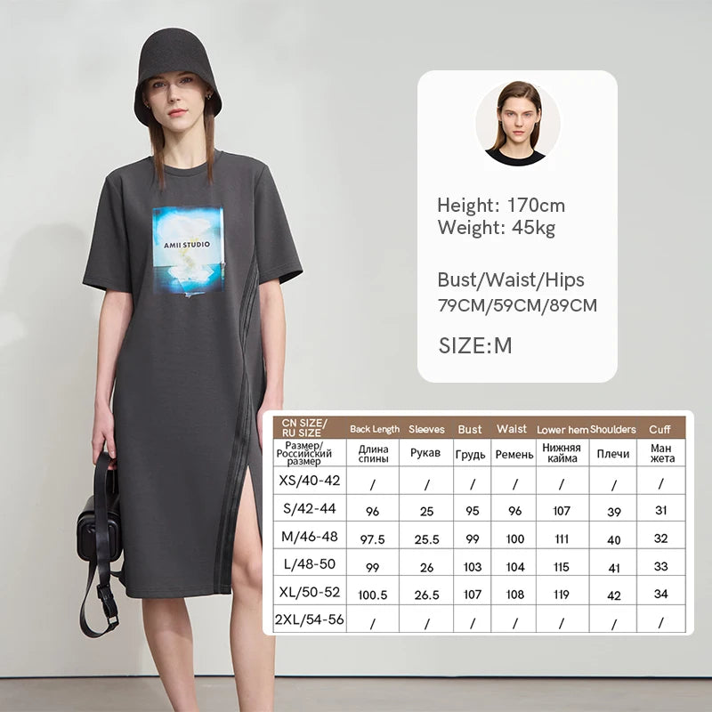 AMII Women Minimalist Summer Casual Dresses 2026 New Print Round Neck Short Sleeve Dress Lady Fashion Woman Clothes 12522003