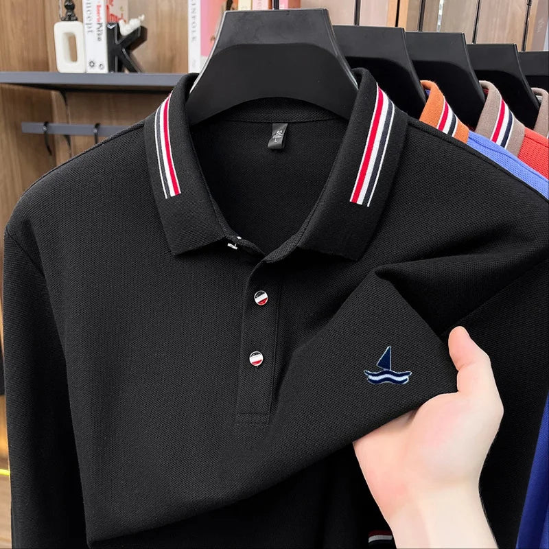 Luxury Man 100% Cotton Long-Sleeved Polo Shirt Lapel Button Exquisite Pattern Embroidery Autumn New Leisure Versatile Men's Wear