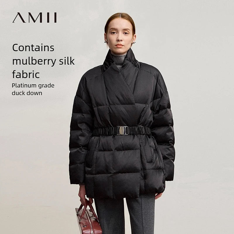AMII Down Coats 2026 Winter New Stand-up Collar With Belt Long Sleeve Top Warm Straight Solid Color Down Jackets Woman 12544049
