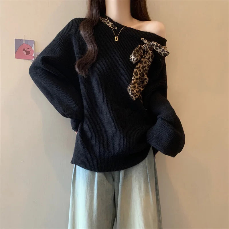 Sweater Female Korean Leopard Print Autumn Winter Soft  Lace-up Off-shoulder Lazy Wind Knitted Top Pullover Jumper Women