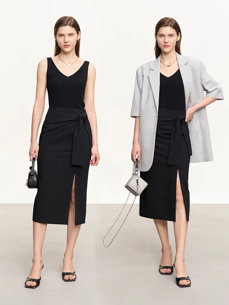 AMII Minimalist 2026 Autumn Skirts For Women New Temperament Tie Split Straight A-Line Solid Skirt Office Lady Clothing 12342411