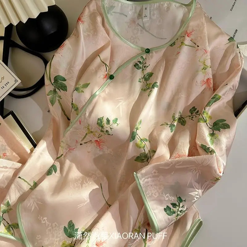 High End Silk Satin Sleepwear Women Elegant Printed Spring Autumn Home Clothing Long Sleeve Ladies Nightwear Pyjamas Femme Set