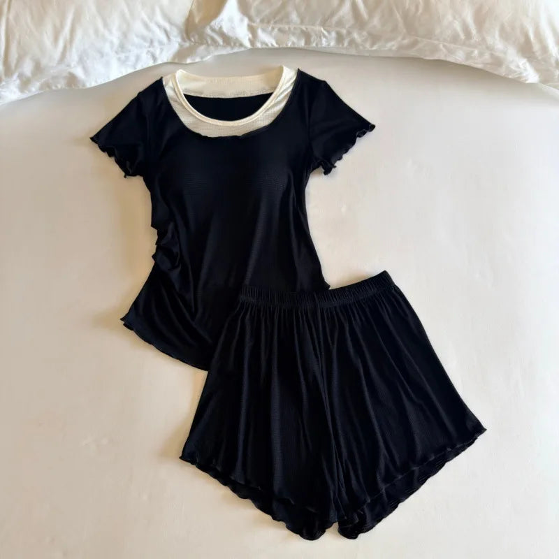 New Women's Summer Pajamas Set Chest Pads Home Clothes Thin Short Sleeve Top Shorts 2 Piece Loungewear Sleepwear Suit Pijama