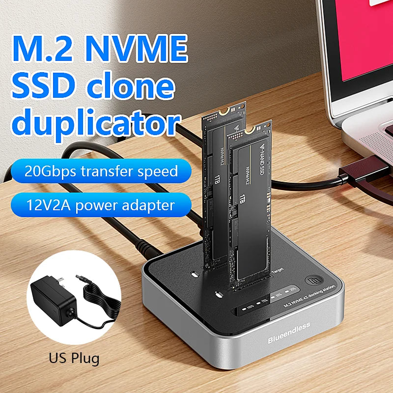 ឧបករណ៍អាន M.2 NVME SSD ក្លូន M.2 NVme SSD ច្រកពីរ Blueendless 20Gbps USB3.2 ប្រភេទ C ចម្លងក្លូនក្រៅបណ្តាញ NVme PCIE Enclosure