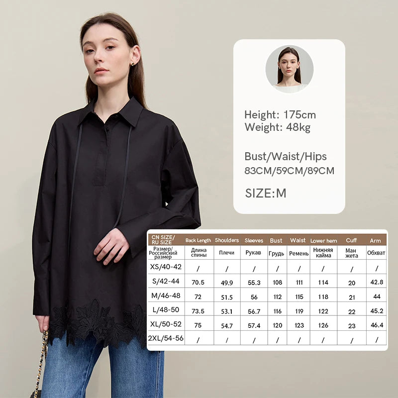 Amii Woman Autumn Shirt 2026 New Elegant Commuter Lapel Shirt Lace Patchwork Loose Cotton Casual Long Sleeve Top 12621011