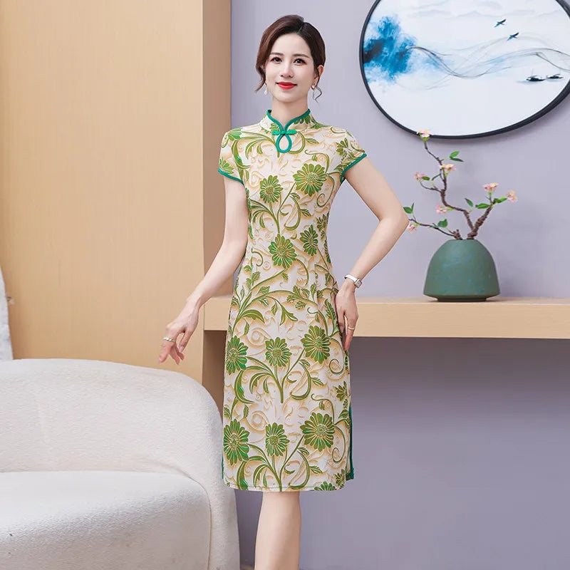 រ៉ូបឈីប៉ាវបុរាណសម្រាប់នារី បោះពុម្ពផ្កាឆើតឆាយ ឆុងសាំ រ៉ូបពិធីជប់លៀងពេលល្ងាចសិចស៊ី អាវកាក់ដៃខ្លីបែបចិន