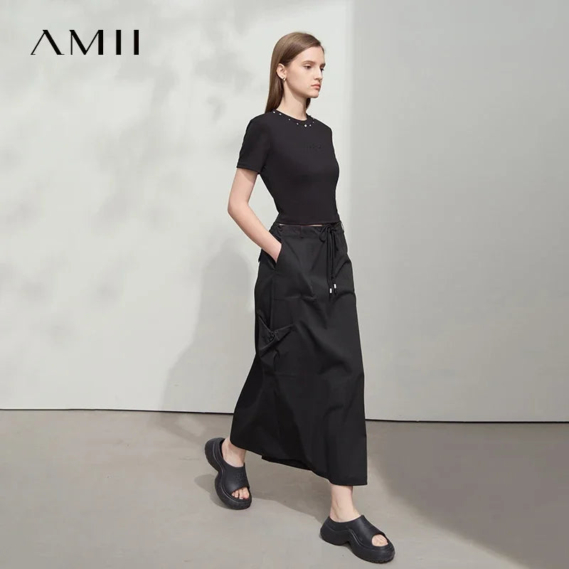 Amii Minimalist Women Clothing Skirt 2026 Autumn New Casual Loose Multi-pocket Drawstring Elastic Waist Long Skirt 12522020