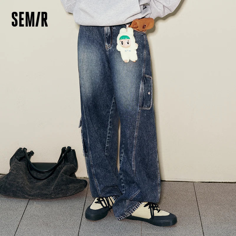 Semir Men Jeans 2026 Retro Washed Wide Leg Cargo Curved Barrel Loose 2026 Autumn Denim Pants Slim Look Street Casual Style