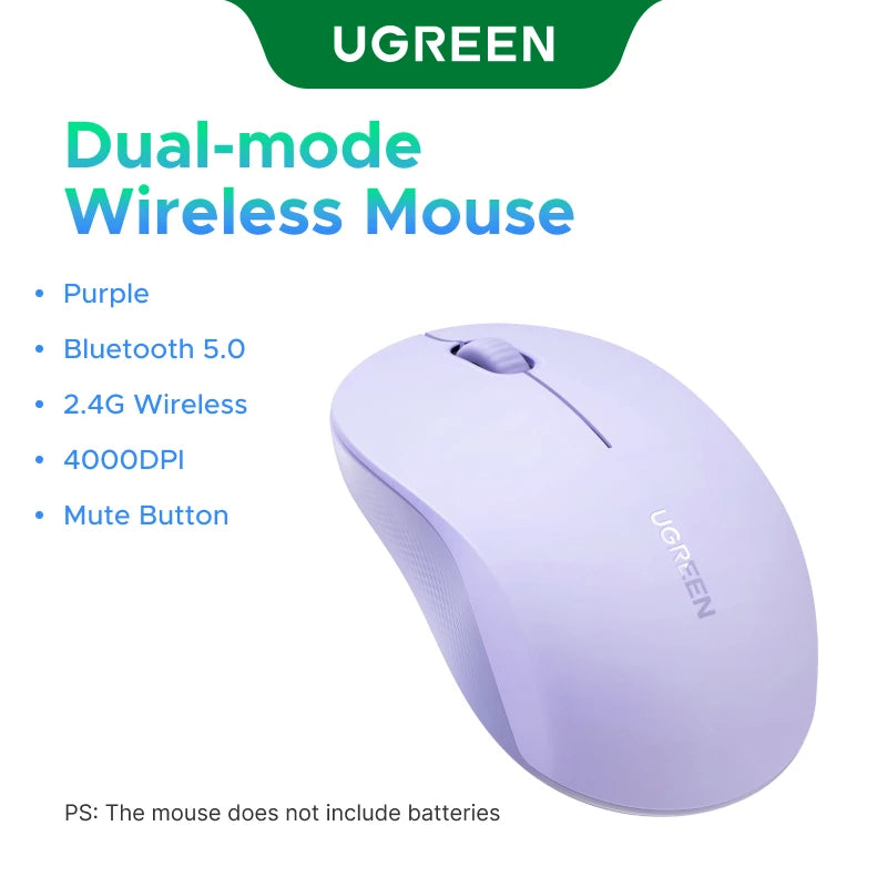 UGREEN Wireless Mouse 2.4G & Bluetooth Dual Mode, 4000DPI 4-Level Adjustable, Silent Click, Portable Ergonomic Mouse for Laptop