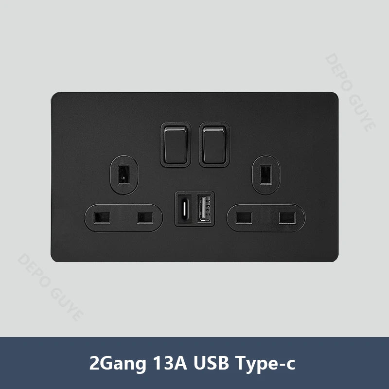 Black Vintage Toggle EU FR Lamp Switch Socket,Retro Brass Lever Light Switch Univeral Stainless Steel Dual Wall Socket With USB