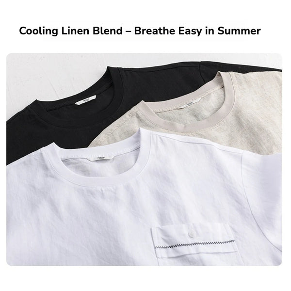 Linen Blend Short Sleeve T-Shirt – Loose Fit Crewneck with Chest Pocket, Lightweight & Cooling for Summer