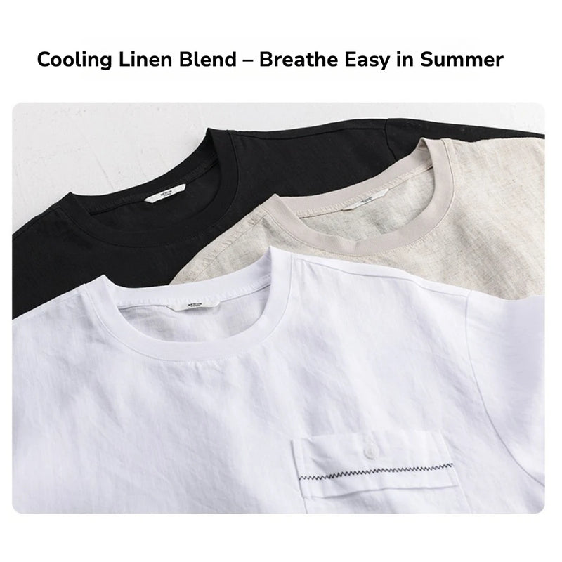 Linen Blend Short Sleeve T-Shirt – Loose Fit Crewneck with Chest Pocket, Lightweight & Cooling for Summer