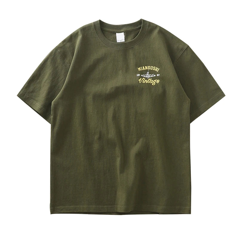 Dukeen 320g Heavyweight Short Sleeved T Shirt Men Summer Vintage Aeroplane Printing 100% Cotton Casual Tops Unisex