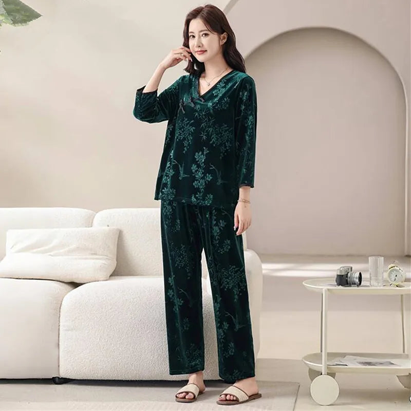 XL-6XL Plus Size Sleepwear For Sleeping Set New Gold Velvet Women's Pajamas Spring Autumn Printed Home Clothes Lounge Pijama
