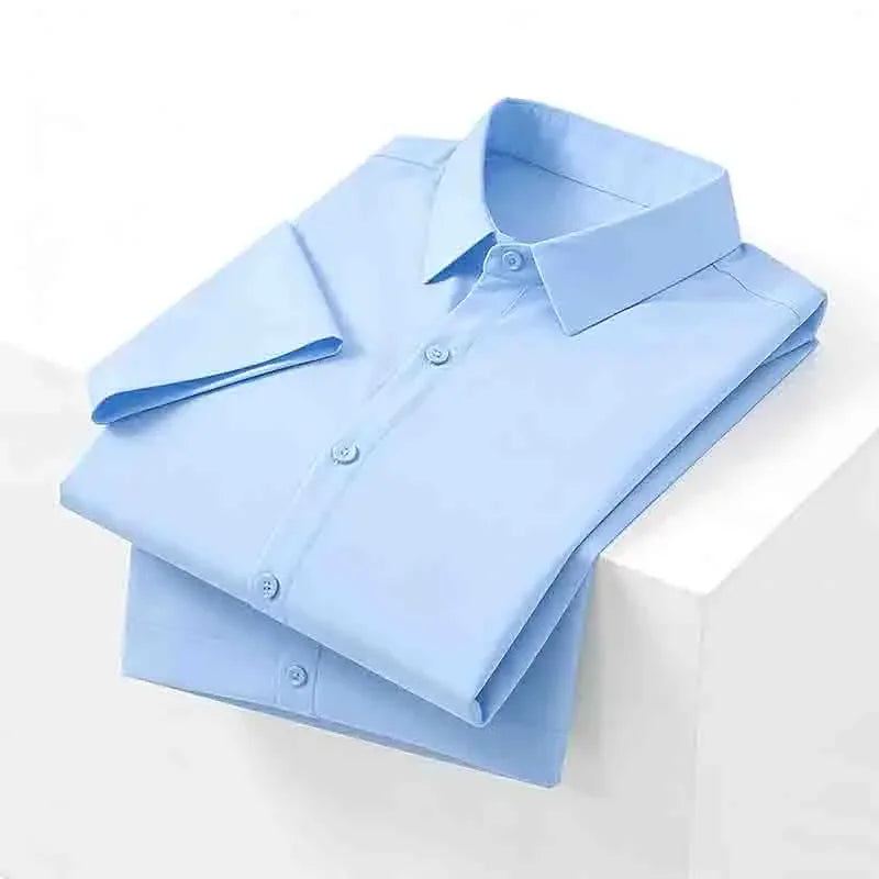 Men's Navy Blue Short Sleeve Dress Shirt Slim Fit Non-iron Formal Business Button Down Shirt for Office