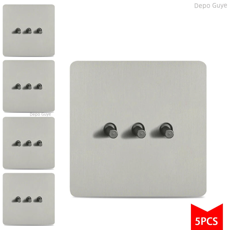 Toggle Retro Switch Panel 1/2/3/4 Gang 2Way Silver Gray Brushed Stainless Steel Antique Wall Metal Lever Light Switch 5/10 PCS