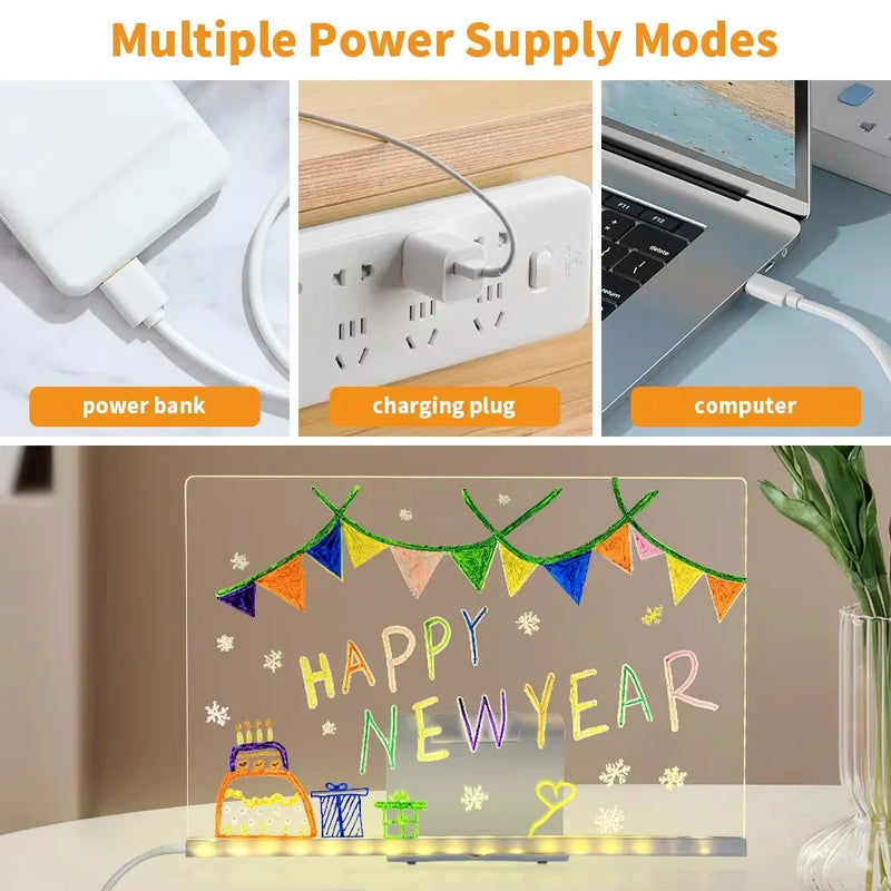 LED Drawing Pad Luminous Acrylic Memo Message Erase Board with Colors Pen and Stand Drawing Board for Children's Toy Gift