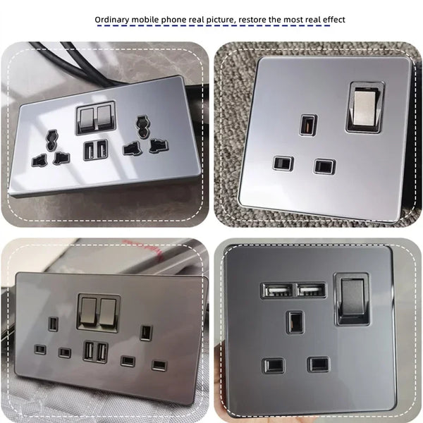 បន្ទះកញ្ចក់ប្រផេះប្រណិត រន្ធដោតអគ្គិសនីចក្រភពអង់គ្លេស 13A, រន្ធដោត និងកុងតាក់ 5 ម្ជុលពីរ, រន្ធដោតជញ្ជាំង USB C សកលរបស់សហភាពអឺរ៉ុប