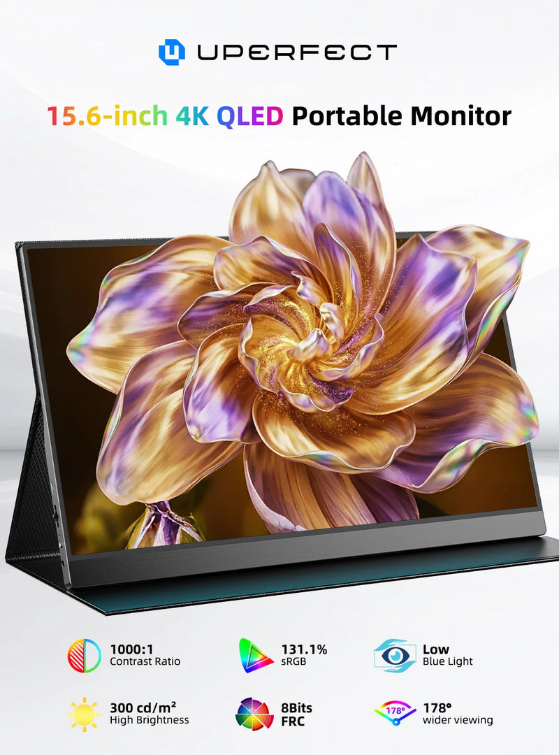 ម៉ូនីទ័រចល័ត PERFECT QLED 4K ទំហំ 15.6 អ៊ីញ 131% sRGB HDR IPS UHD USB-C កុំព្យូទ័រយួរដៃ កុំព្យូទ័រ អេក្រង់ HDMI ជាមួយ Smart Cover និងឧបករណ៍បំពងសម្លេងពីរ