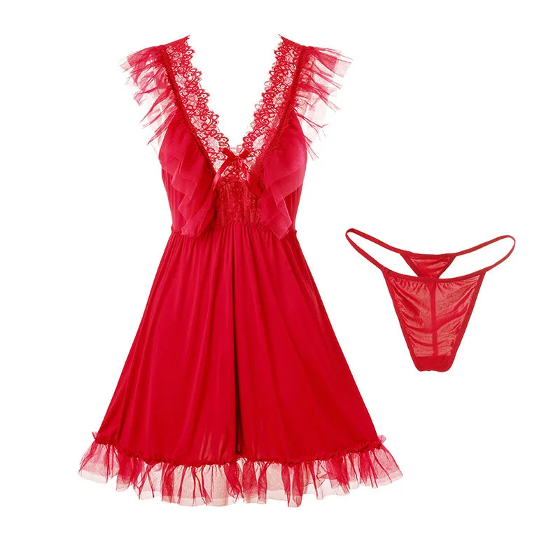 Sexy Night Wears For Women Sleeveless Short Dress V Neck Mesh Lace Nightgowns Female Lingerie Thin Sleepwear Nightshirt