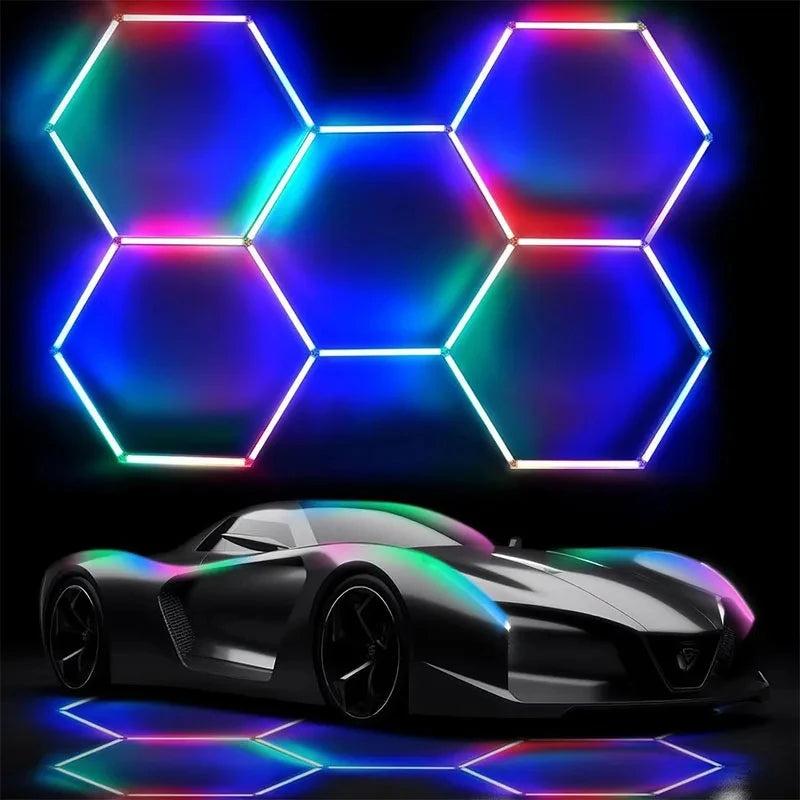ភ្លើងយានដ្ឋាន RGB Hexagon ភ្លើងពិដាន LED ដែលអាចបន្ថយពន្លឺបាន ចង្វាក់ភ្លេង ភ្លើងបន្ទះ LED សម្រាប់បន្ទប់លេងហ្គេម បារ ក្លឹប ពិធីជប់លៀង កន្លែងហាត់ប្រាណ