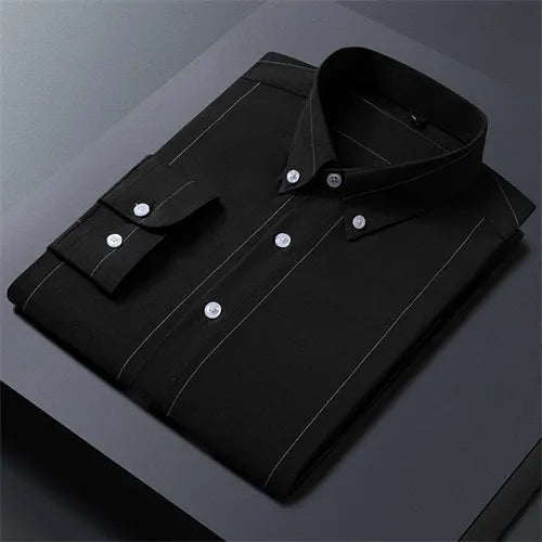 Black Striped Long Sleeve Shirt, Men's Single Breasted Shirts, with Square Collar Yellow Brown Camisas Para Hombre M-5XL