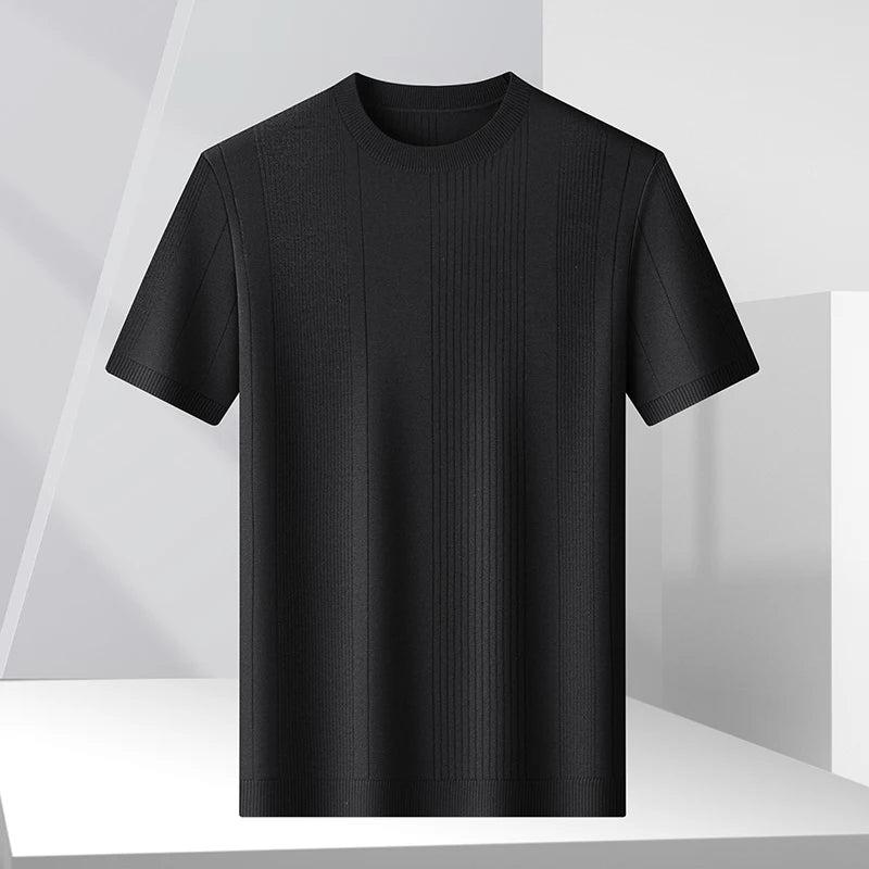 Men's Summer Short Sleeve Round Neck Linen Silk Knitted Sweater Old Money Style Breathable Slim Fit