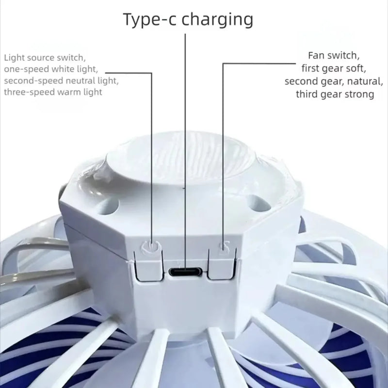 Camping Fan 3-speed With 3-Color Lighting Desktop Standing Hooked Fan Light USB Rechargeable for Outdoor And Indoor
