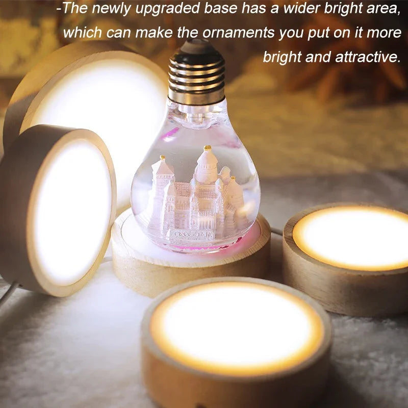 1-4Pcs Crystal Glass Wooden LED Light Display Base Art Ornament Wooden Night Lamp Base Home LED Light Rotating Display Stand