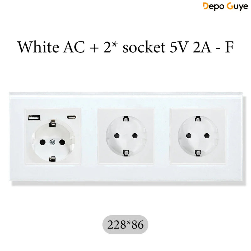 European Standard 4 Gang Wall Power Socket 16A Glass Panel with Three USB Type-C Ports White Black Industrial Home Hotel
