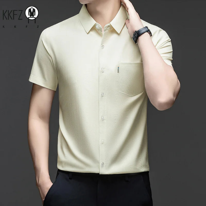 Mens Short Sleeve Shirt Casual Regular Fit Button Up Lapel Collar With Pocket Soft Breathable For Business Weekend Wear