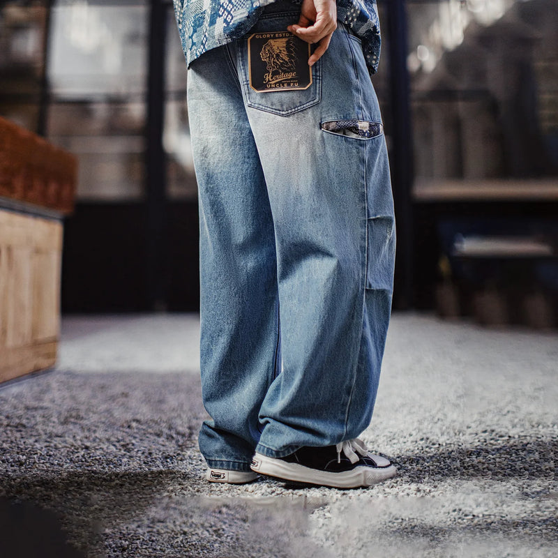 Maden Men‘s Vintage Boro Patchwork Parachute Jeans Ripped Distressed Wide Leg Denim Pants Loose Fit Heavyweight Casual Trousers