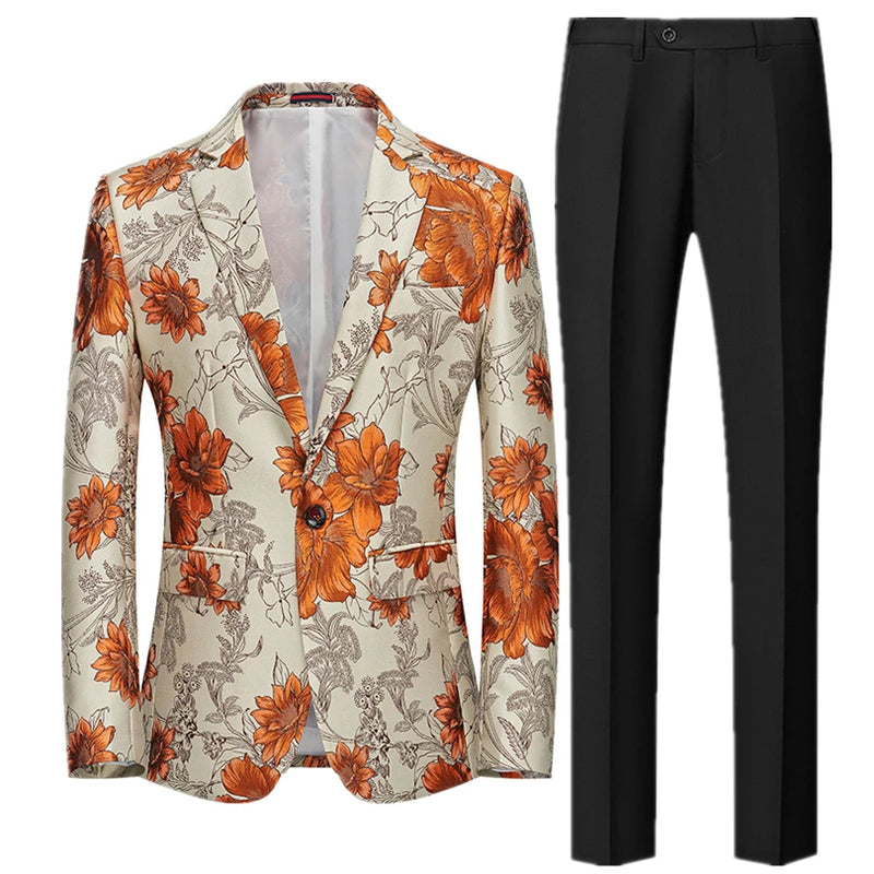2026 Men's Two-Piece Set, Wedding Party Jacket and Trousers in Black with Red Flowers Jacquard Fabric Slim Fit Men Coat & Pants.
