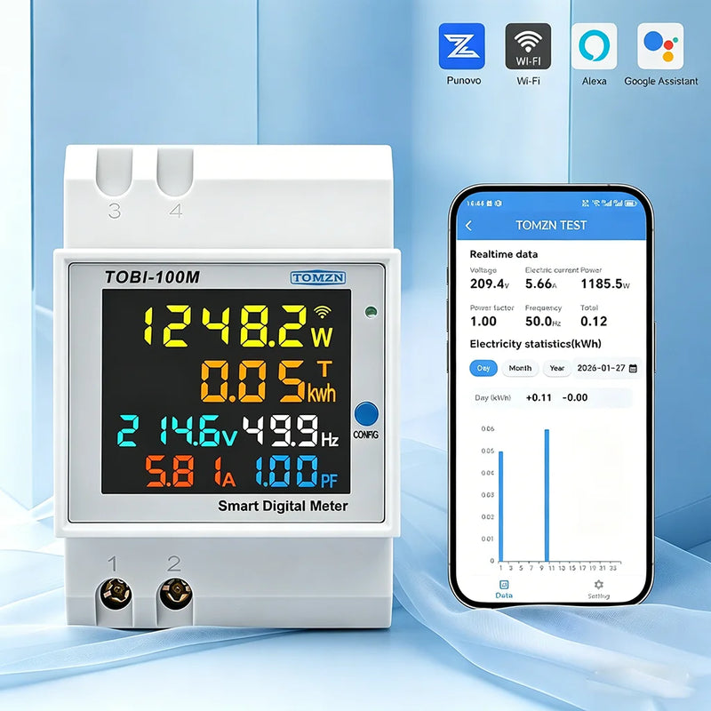 TOMZN 6-in-1 WiFi Smart Meter – Voltage, Current, Power, Energy, Frequency, PF, Timer, with Internal/External CT