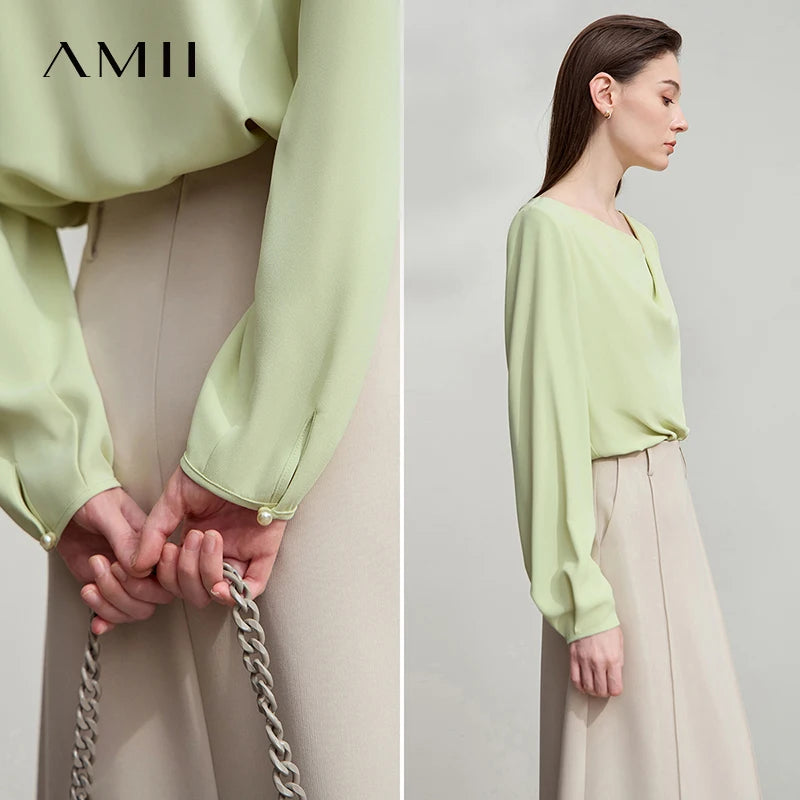 AMII 2026 Autumn Women Blouse Minimalism Solid Loose Simple Gentle Breeze Long-sleeve Office Lady Shirts Female Tops 12543062