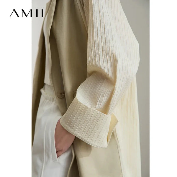អាវក្រៅធម្មតាសម្រាប់នារី Amii Minimalist រដូវស្លឹកឈើជ្រុះឆ្នាំ ២០២៥ ធ្វើពីក្រណាត់ Lyocell Linen Collision Splicing Crumple Texture Loose Blazer 12551008