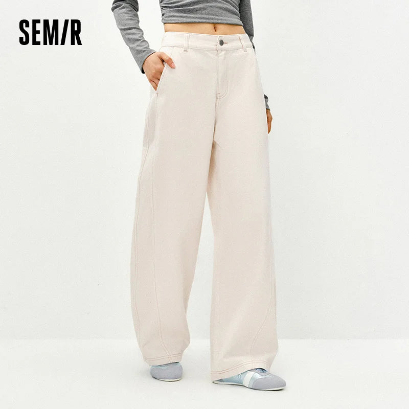 Semir White Jeans Women 2026 Spring Split Curved Blade Relaxed Fit Slimming Trendy Floor Length Casual Trousers
