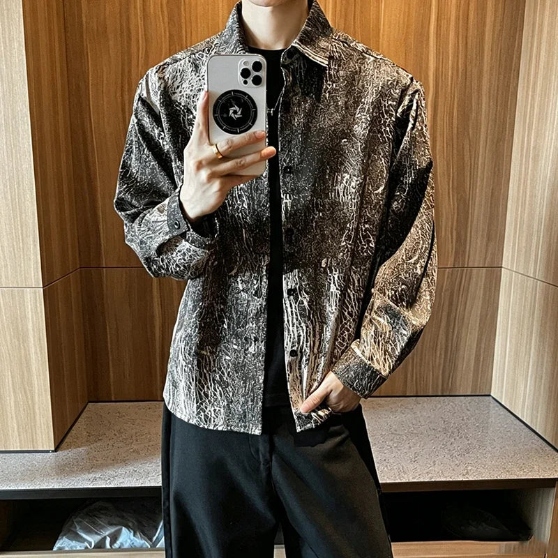 Mens Vintage Texture Graffiti Shirt Turn Down Collar Long Sleeve Button Front Relaxed Streetwear Casual Outerwear