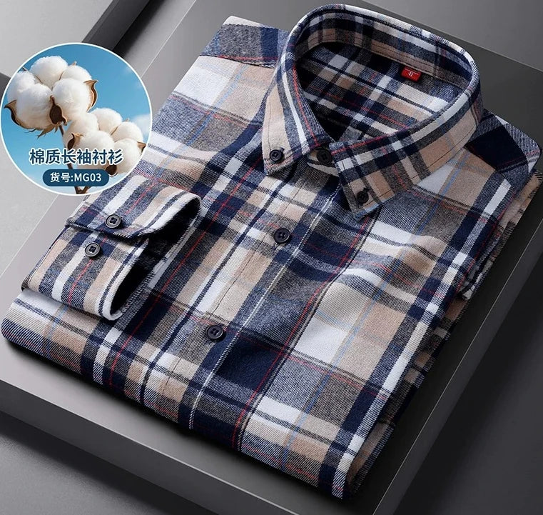Men's Long-sleeve Shirt for Spring and Fall; Cotton-polyester Blend, Single-breasted, Notched-collar Striped Shirts.